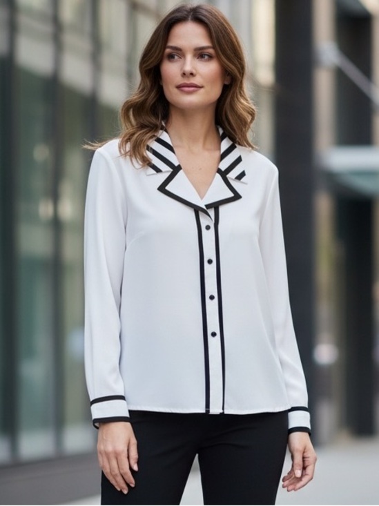 Kathy Che Tops - Kathy Che White with Black Trim Button Front Long Sleeve Collared Blouse ~ 16